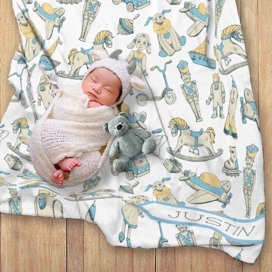 ヴィンテージおもちゃパターンブルー/イエローID783 フリースブランケット