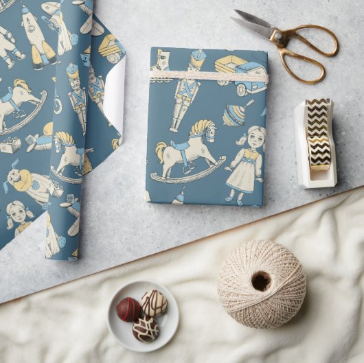 ヴィンテージおもちゃパターンブルー/イエローID783 ラッピングペーパー (クラフト)