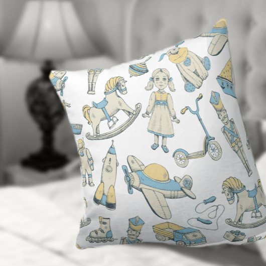 ヴィンテージおもちゃパターン 青/黄色 ID783 クッション