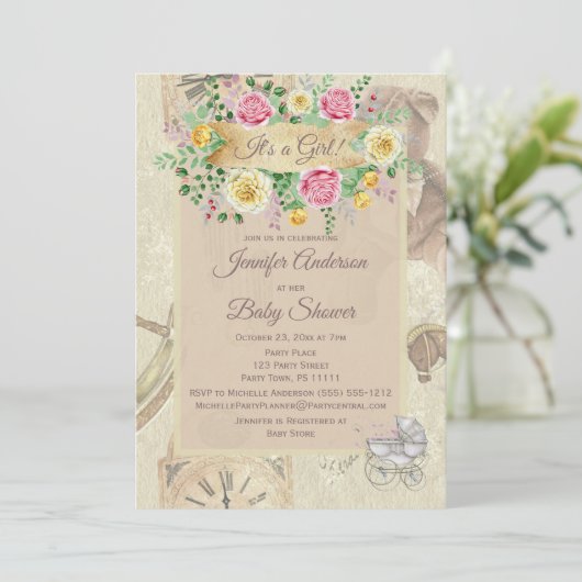 ヴィンテージおもちゃフローラベビーシャワー 招待状 (スタンド正面)