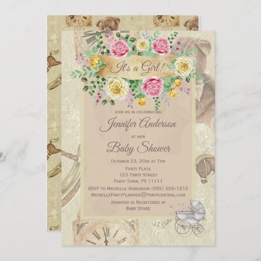 ヴィンテージおもちゃフローラベビーシャワー 招待状 (正面/裏面)