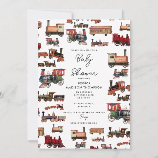 ヴィンテージおもちゃ列車カラフルが赤ちゃんシャワーを訓練 招待状 (正面)
