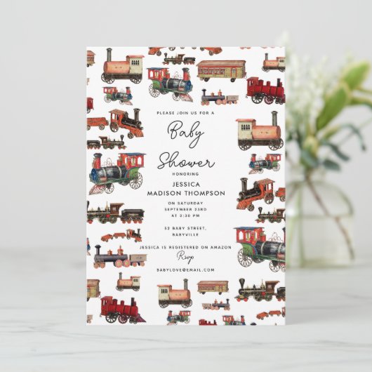 ヴィンテージおもちゃ列車カラフルが赤ちゃんシャワーを訓練 招待状 (スタンド正面)