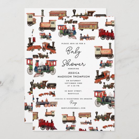 ヴィンテージおもちゃ列車カラフルが赤ちゃんシャワーを訓練 招待状 (正面/裏面)