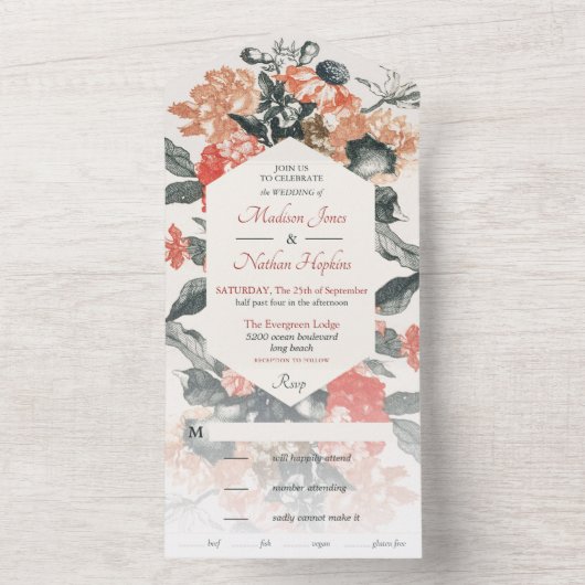 ヴィンテージお洒落の水色フローラ結婚の オールインワン招待状 (内側)