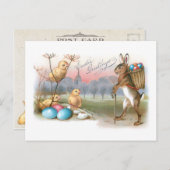 ヴィンテージお洒落イースターバニー、雛と卵 ポストカード (正面/裏面)