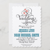 ヴィンテージお洒落ハートティール(緑がかった色)とサンゴ招待状 招待状 (正面)