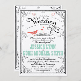 ヴィンテージお洒落ハートミントアンドコーラル招待状 招待状