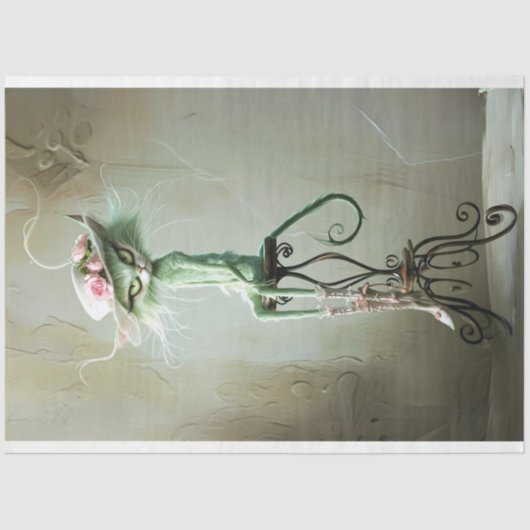 ヴィンテージお洒落フューリーセージ緑の猫の切り離し 薄葉紙 (正面)