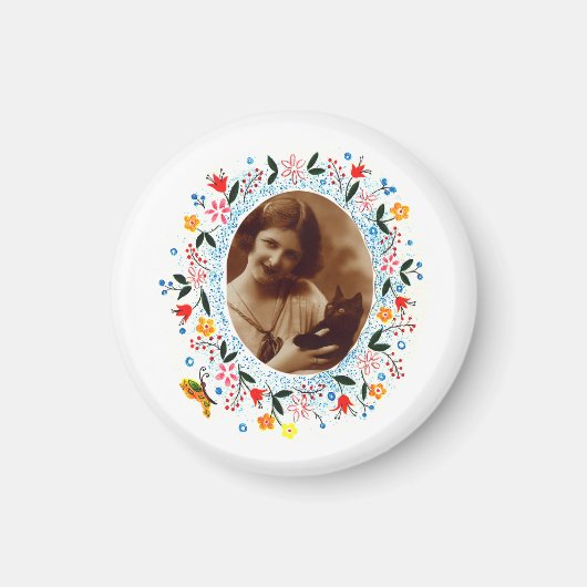 ヴィンテージお洒落フローラフレーム猫写真 マグネット (正面)