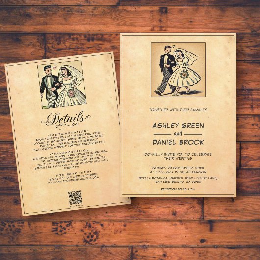 ヴィンテージお洒落レトロカップル50s漫画結婚 招待状