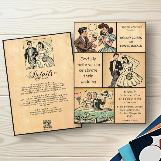 ヴィンテージお洒落レトロカップル50s漫画結婚 招待状