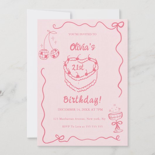 ヴィンテージお洒落レトロピンクケーキ誕生日パーティー 招待状 (正面)