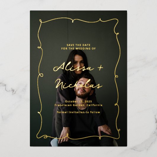 ヴィンテージお洒落写真ウェディング日付金ゴールドの保存 箔招待状 (正面)