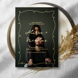 ヴィンテージお洒落写真ウェディング日付金ゴールドの保存 箔招待状