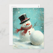 ヴィンテージお洒落冬雪だるまジョイ シーズンポストカード (正面/裏面)