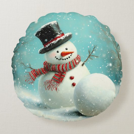 ヴィンテージお洒落冬雪だるまジョイ ラウンドクッション (正面)