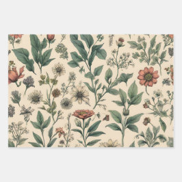 ヴィンテージお洒落植物性フローラスケッチ ラッピングペーパーシート