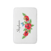 ヴィンテージお洒落赤ポピーの水色(名前あり) バスマット (正面縦)