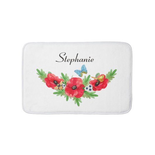 ヴィンテージお洒落赤ポピーの水色(名前あり) バスマット (正面)