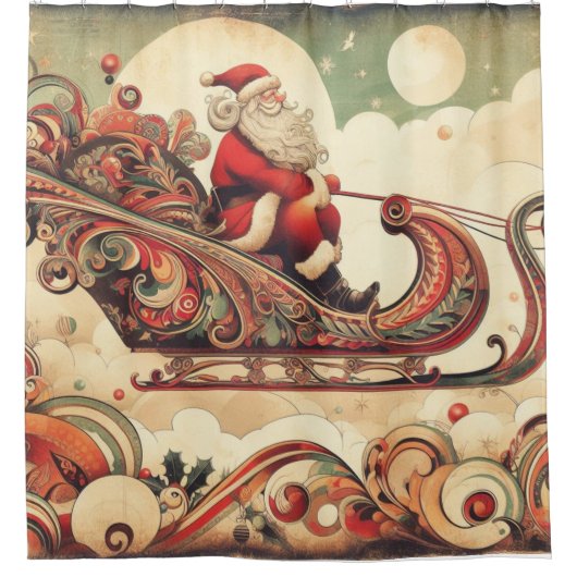 ヴィンテージお洒落/サンタ/クリスマス シャワーカーテン (正面)