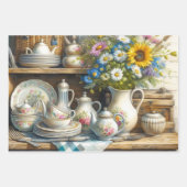 ヴィンテージお茶セットとワイルドフラワー ラッピングペーパーシート (正面3)