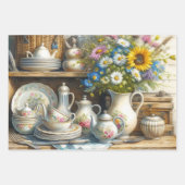 ヴィンテージお茶セットとワイルドフラワー ラッピングペーパーシート (正面)