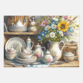 ヴィンテージお茶セットとワイルドフラワー ラッピングペーパーシート