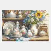 ヴィンテージお茶セットとワイルドフラワー ラッピングペーパーシート (正面3)