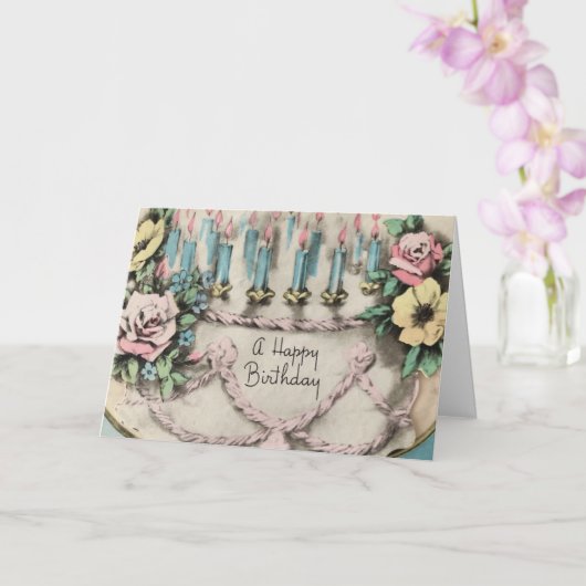 ヴィンテージお誕生日ケーキ（花とろうそく） カード (蘭)