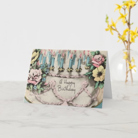 ヴィンテージお誕生日ケーキ（花とろうそく） カード (黄色い花)
