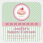ヴィンテージかわいいカップケーキのパン水玉模様ストライプ スクエアシール (正面)