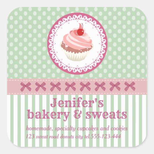 ヴィンテージかわいいカップケーキのパン水玉模様ストライプ スクエアシール (正面)