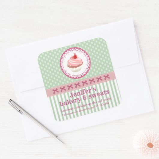 ヴィンテージかわいいカップケーキのパン水玉模様ストライプ スクエアシール (封筒)