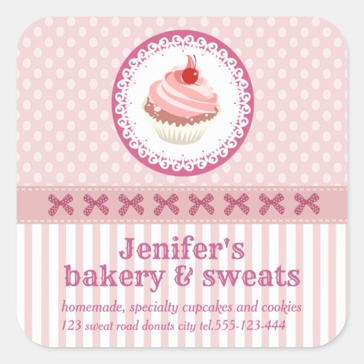 ヴィンテージかわいいカップケーキのパン水玉模様ストライプ スクエアシール (正面)