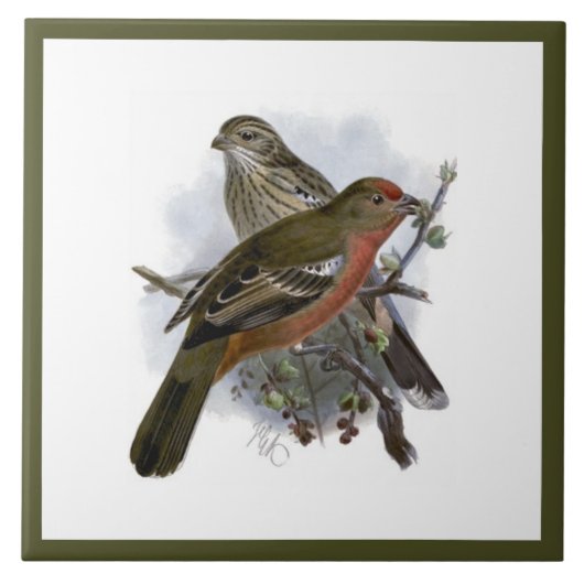 ヴィンテージかわいいカラフル青い鳥と葉 タイル (正面)