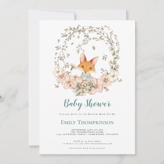 ヴィンテージかわいいキツネの葉アヒル卵の青い赤ちゃんシャワー 招待状 (正面)