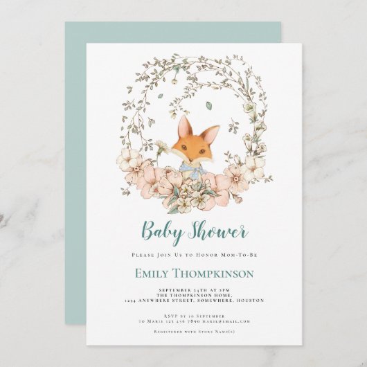 ヴィンテージかわいいキツネの葉アヒル卵の青い赤ちゃんシャワー 招待状 (正面/裏面)