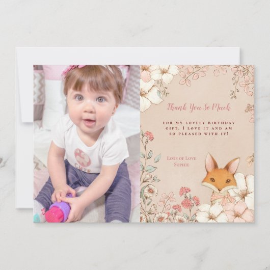 ヴィンテージかわいいキツネフォトガール1st誕生日ありがとう サンキューカード (正面)