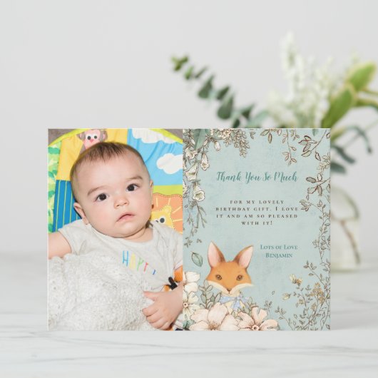 ヴィンテージかわいいキツネフォトファースト誕生日ありがとう サンキューカード (スタンド正面)