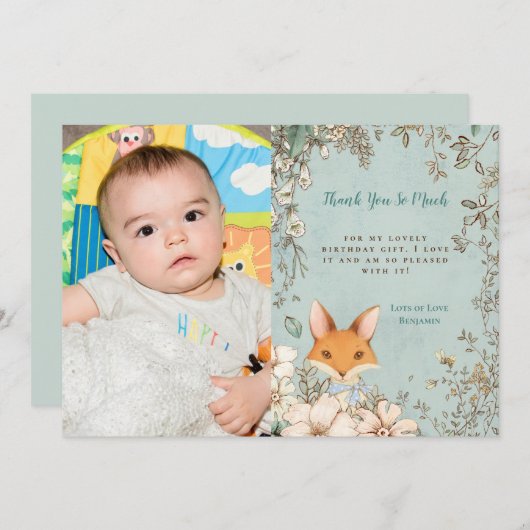 ヴィンテージかわいいキツネフォトファースト誕生日ありがとう サンキューカード (正面/裏面)