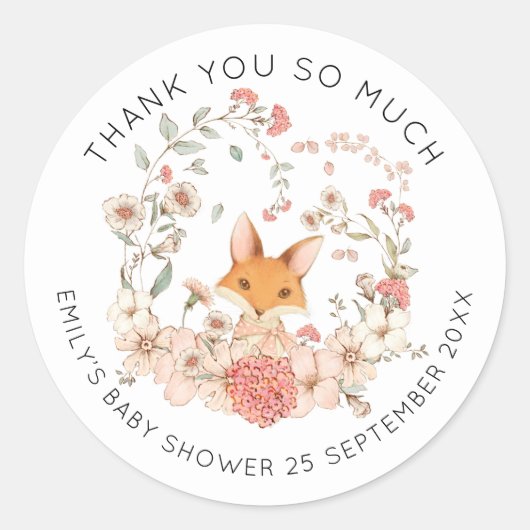 ヴィンテージかわいいキツネフローラありがとうベビーシャワー ラウンドシール (正面)