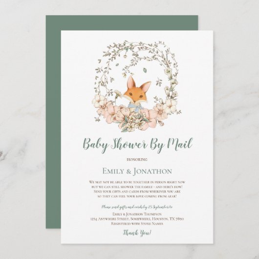 ヴィンテージかわいいキツネフローラ男の赤ちゃんシャワーバイメール 招待状 (正面/裏面)