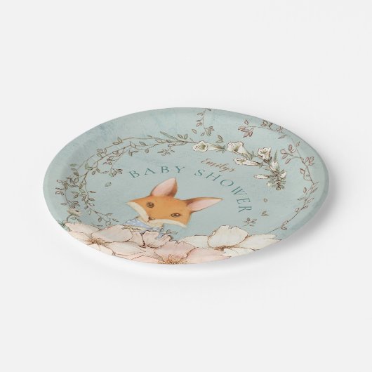 ヴィンテージかわいいキツネ花少年グリーンベイビーシャワー ペーパープレート (アングル)