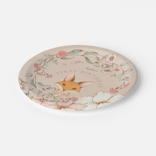 ヴィンテージかわいいキツネ花模様ガールファースト誕生日パーティー ペーパープレート (アングル)