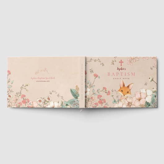 ヴィンテージかわいいキツネ花模様ベビーガールバプテスマ ゲストブック (全面)