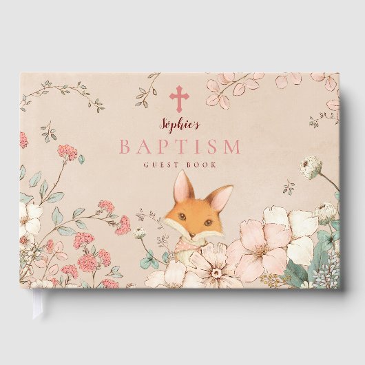 ヴィンテージかわいいキツネ花模様ベビーガールバプテスマ ゲストブック (正面)