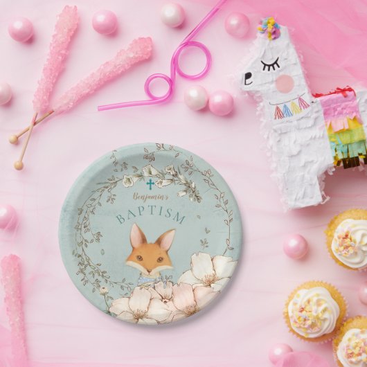 ヴィンテージかわいいキツネ花模様ボーイグリーンバプテスマ ペーパープレート (パーティー)