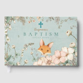 ヴィンテージかわいいキツネ花模様緑のベビーバプテスマ ゲストブック (正面)