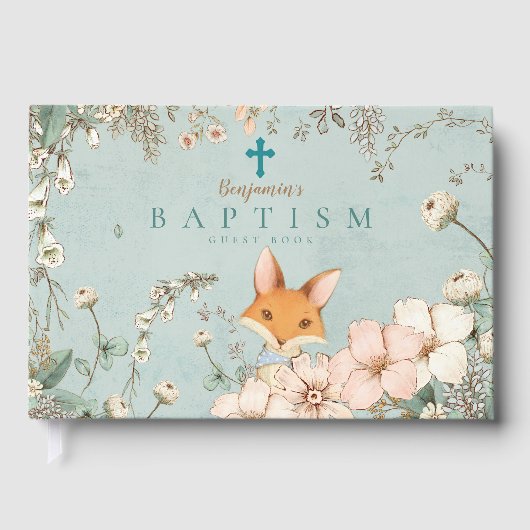 ヴィンテージかわいいキツネ花模様緑のベビーバプテスマ ゲストブック (正面)